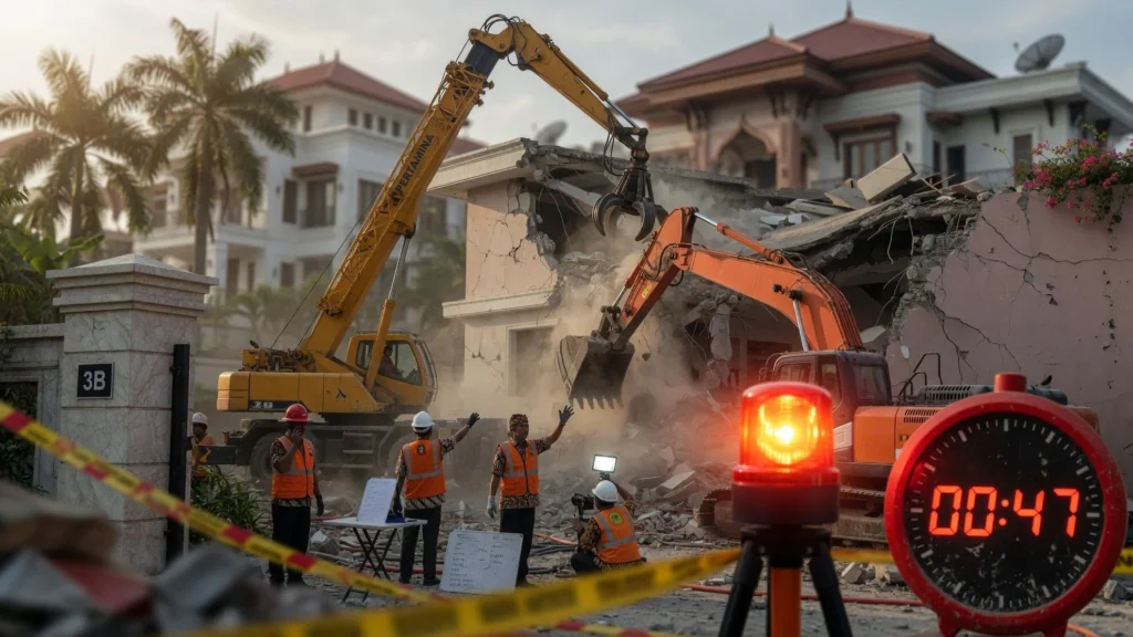 Crane dan Ekskavator Buka Akses ke Dalam Rumah