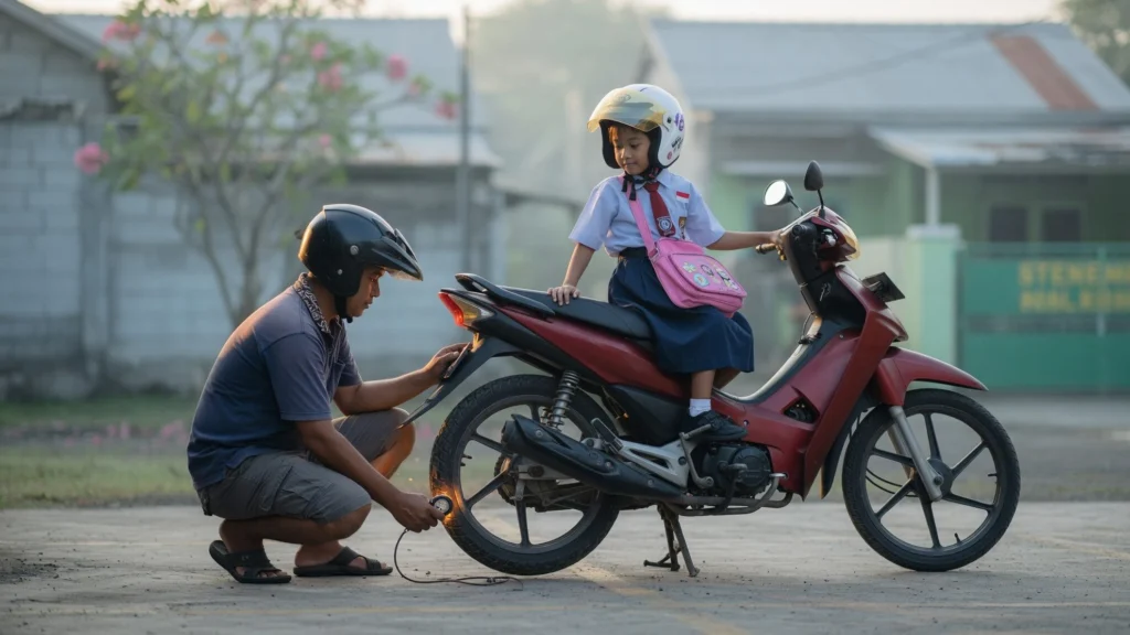 Gaya Santai Plus Cek Rem-Ban-Lampu Sebelum Berangkat