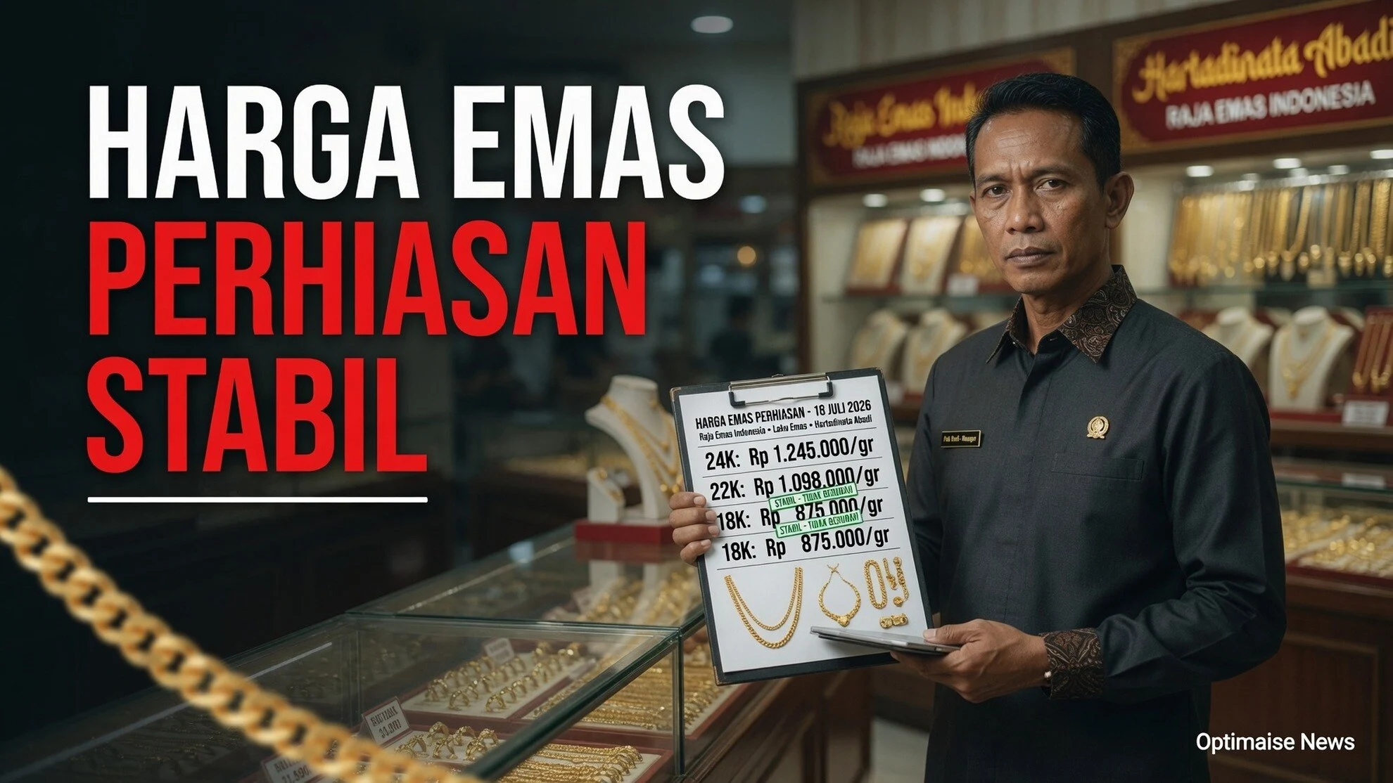 Harga Emas Perhiasan Stabil Serentak di 3 Outlet 18 Juli