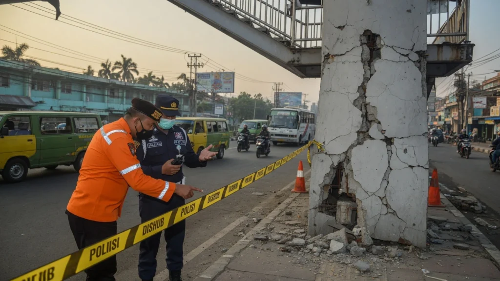 Lalu lintas macet dan petugas di lokasi