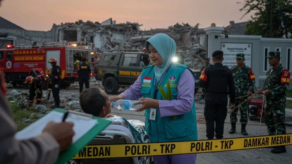 Regu Gabungan Damkar Brimob TNI dan Tenaga Kesehatan di TKP