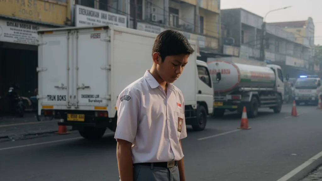 Truk Boks Parkir dan Truk Tangki yang Melintas