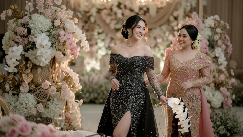 Gaun Hitam Off-Shoulder Tasya: Payet, Sheer, dan Belahan Tinggi
