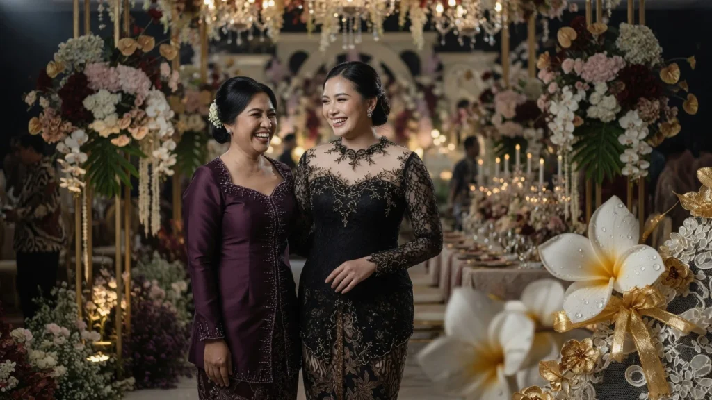 Kebaya Modern Hitam Ibu Ala: Renda Transparan dan Rok Bermotif