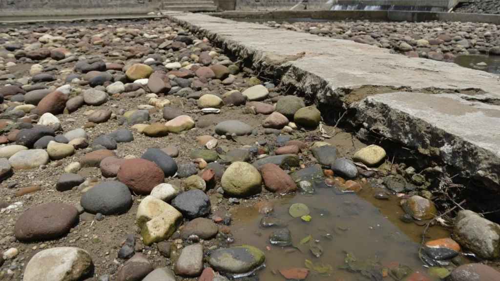 Batu dasar sungai dan sedimentasi terlihat