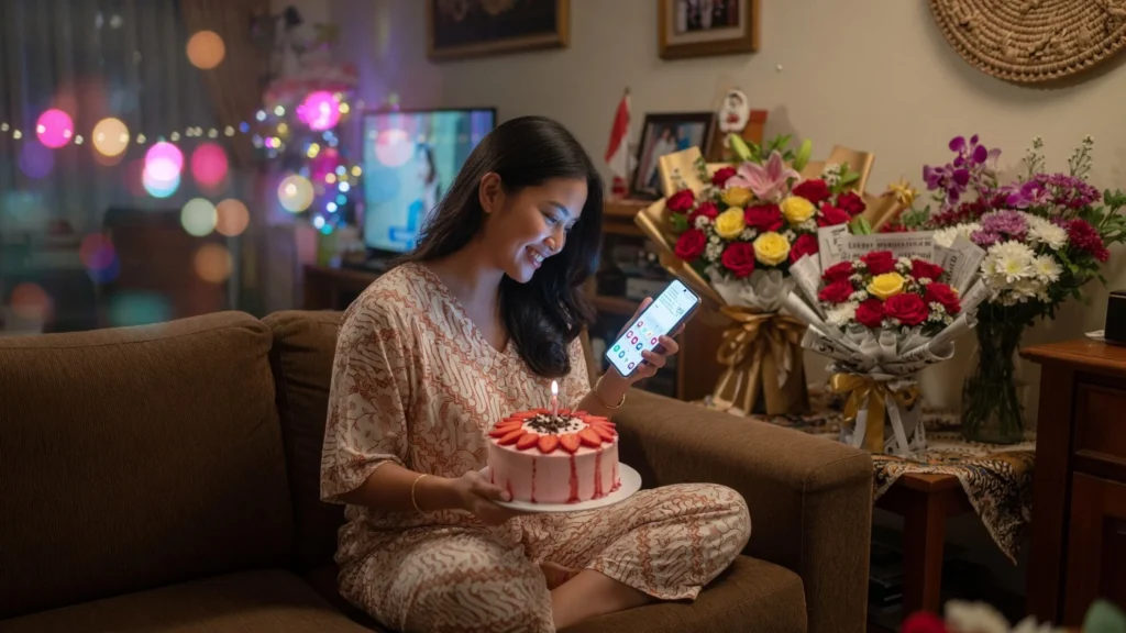 Setting Rumah: Sofa Cokelat, Kue Stroberi, dan Buket Warna-warni