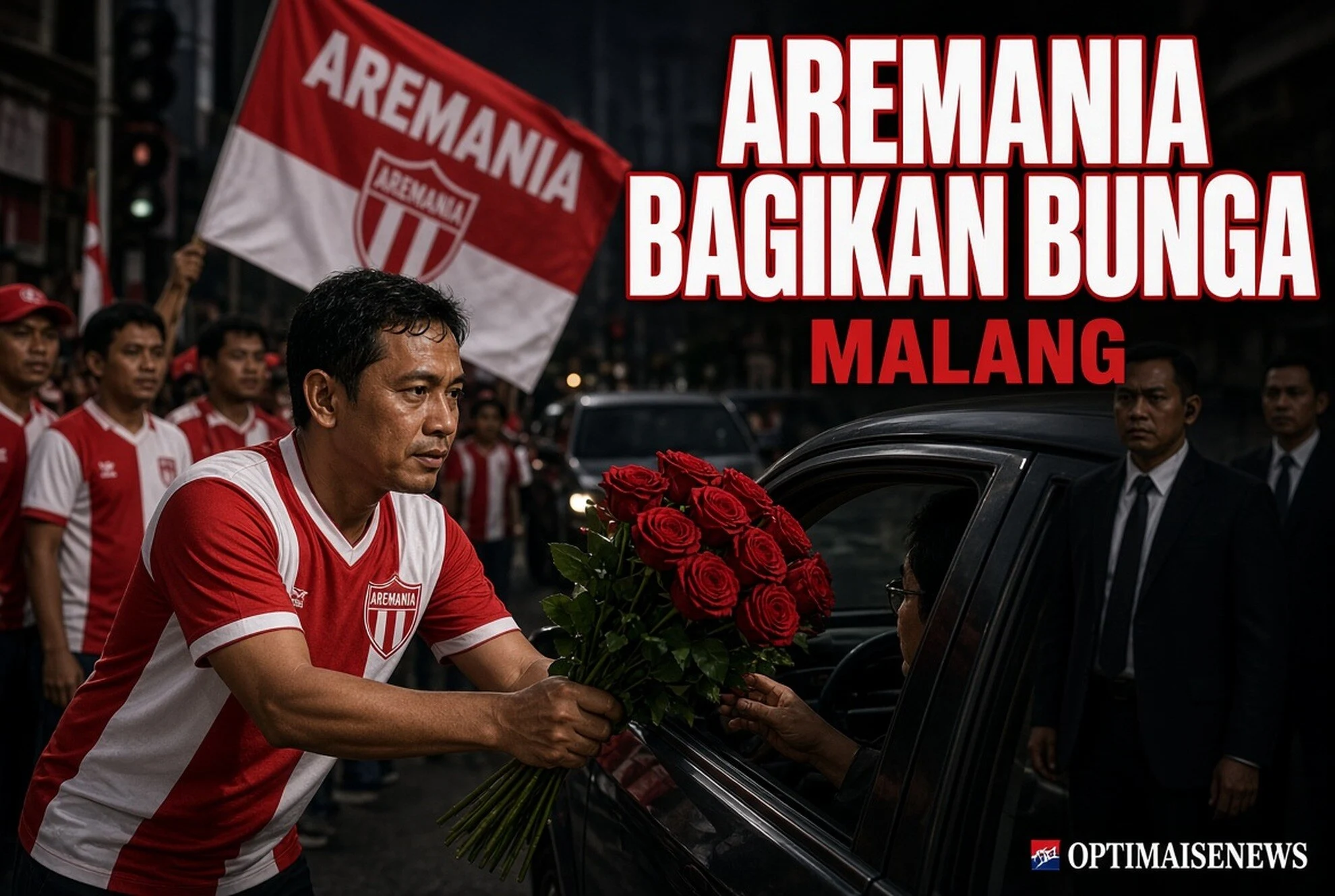 Aremania Bagikan Bunga ke Pengendara Plat L