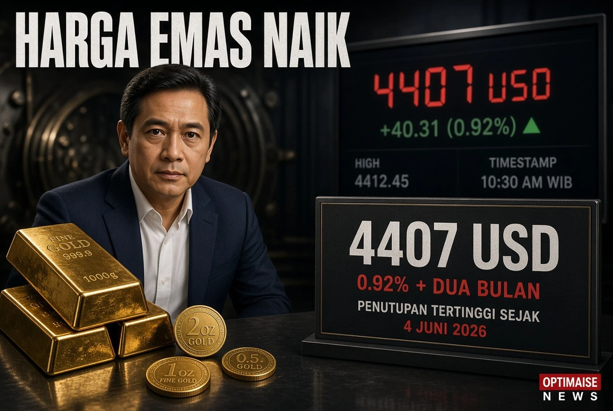 Harga Emas Naik 0,92% ke US$4.407 Level Tertinggi Dua Bulan