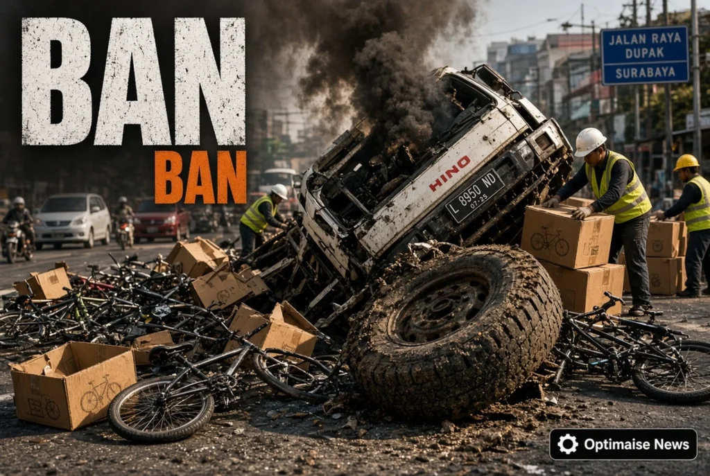 Ratusan Sepeda Rontok: Truk Hino Ban Pecah Terguling di Dupak Surabaya