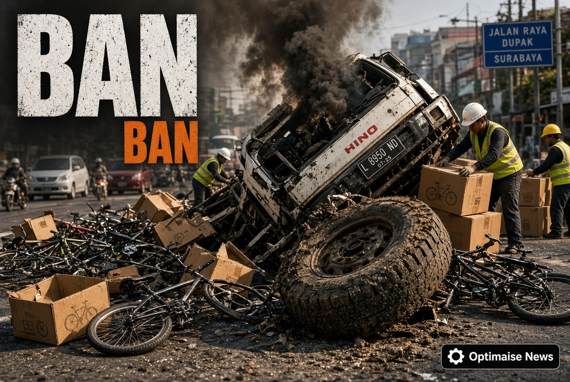 Ratusan Sepeda Rontok: Truk Hino Ban Pecah Terguling di Dupak Surabaya