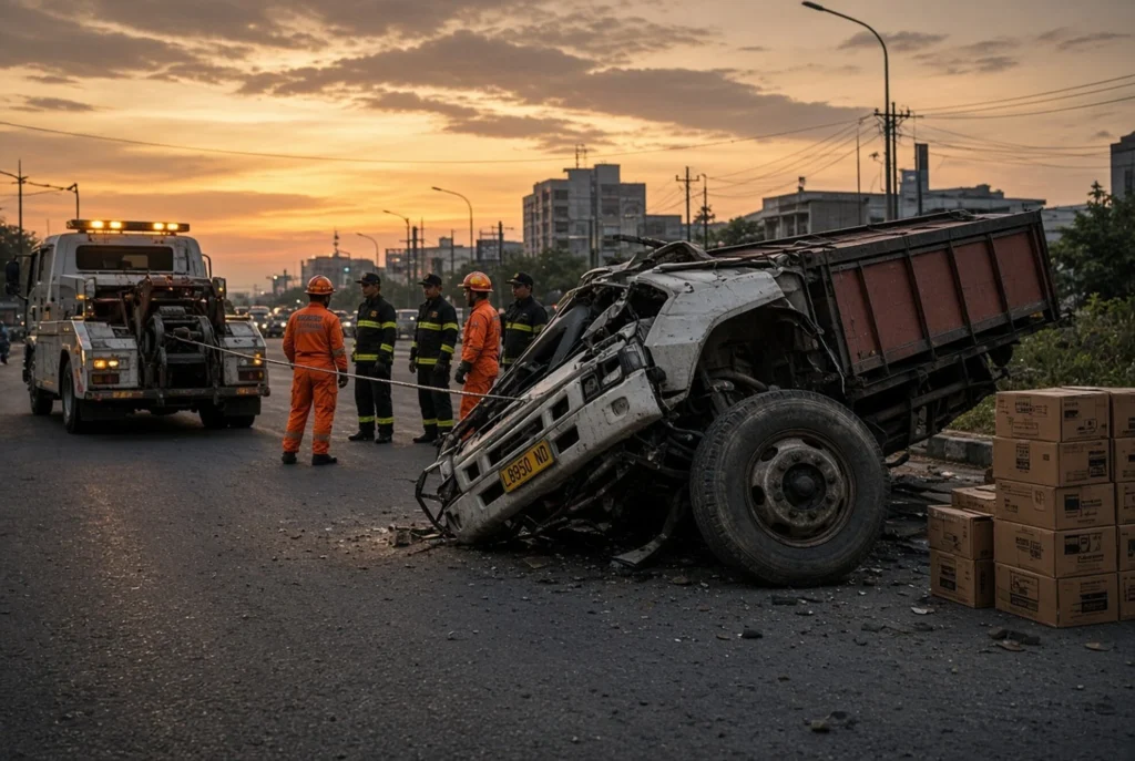 Proses evakuasi truk terguling oleh Dishub Surabaya